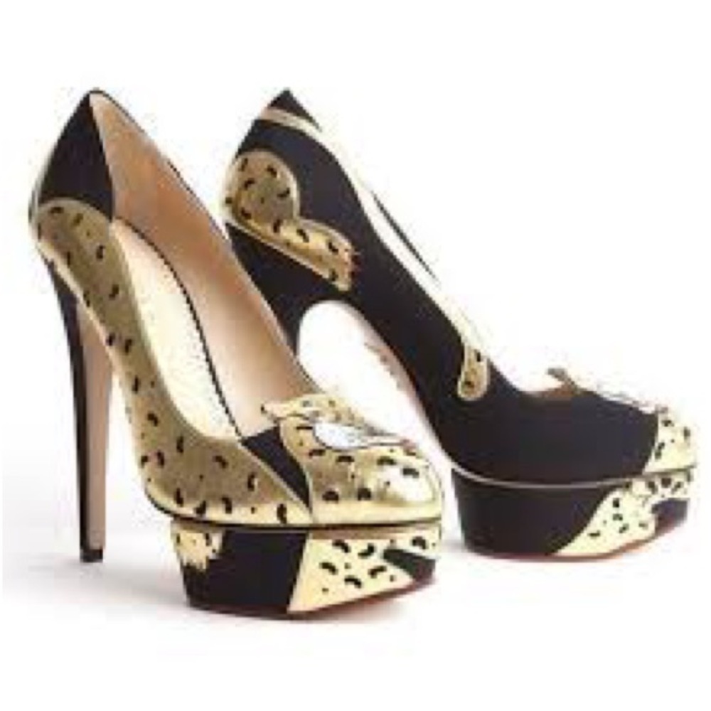 Charlotte Olympia Ninivah Black & Gold Platform Pumps With Leopard Detailing